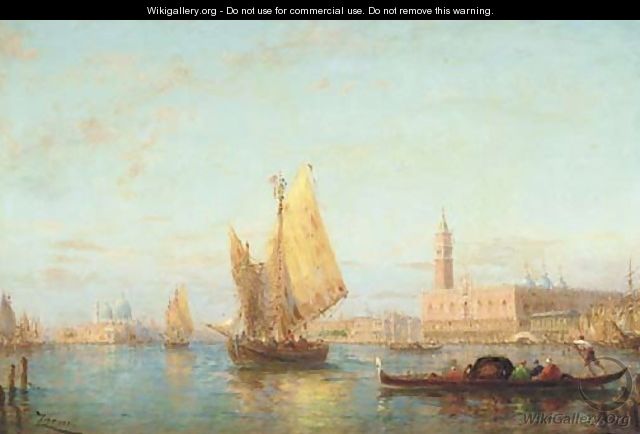 Bragozzi and Gondolas in the Bacino of San Marco with the Palazzo Ducale beyond, Venice - Felix Ziem