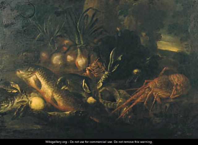 Fish, a seashell, a crayfish, a lobster and onions on a rocky bank - Felice Boselli