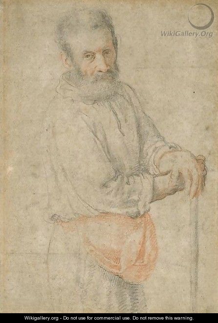 Portrait of a bearded man with both arms resting on a stick - Federico Zuccaro