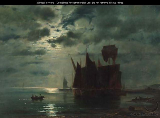 Fishing boats in a harbour by moonlight - Ferdinand Konig