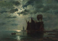 Fishing boats in a harbour by moonlight - Ferdinand Konig