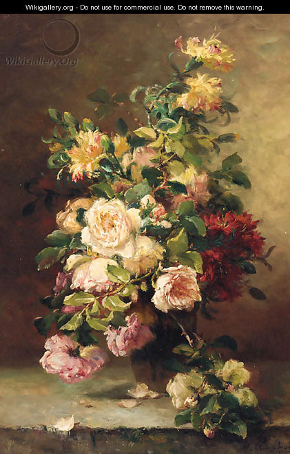 Roses In A Vase On A Stone Ledge - Eugene Henri Cauchois