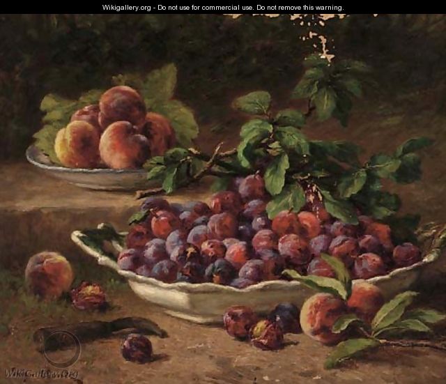 Bowls of plums and peaches in the garden - Eugene Claude