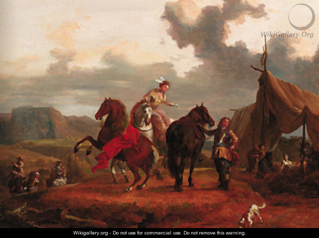 Travellers asking directions on a country track; and Elegant riders at a gypsy encampment - Eustache Francois Duval