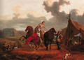 Travellers asking directions on a country track; and Elegant riders at a gypsy encampment - Eustache Francois Duval
