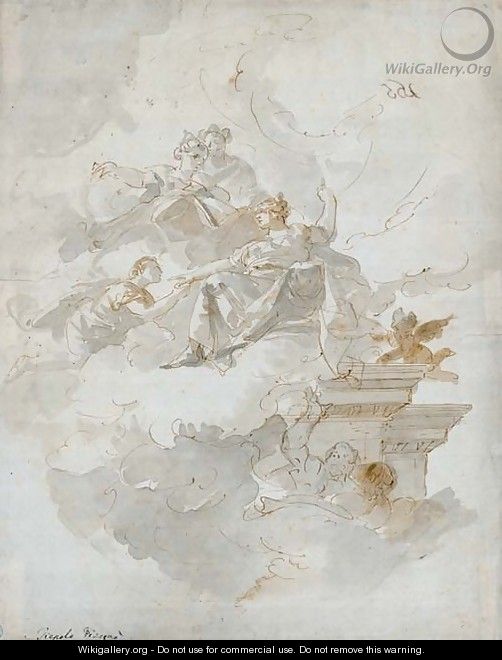 Etude de decor un homme agenouille devant une femme assise sur des nuages, quelques autres figures et un putto - Fabio Canal