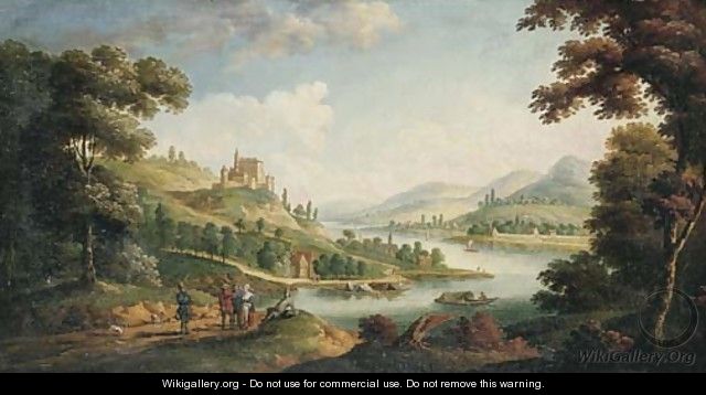 A river landscape with figures on a path and a village beyond - F. Fouquier