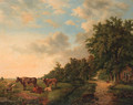 A wooded summer landscape with cattle in a meadow along a ditch - Everardus Benedictus Gregorius Mirani