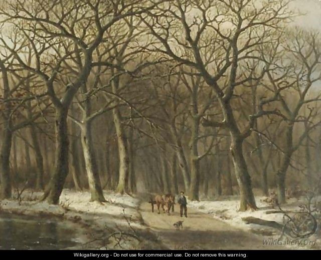 A woodcutter with a mallejan in a winter forest - Everardus Benedictus Gregorius Mirani