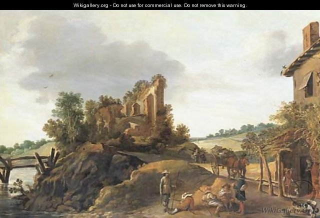 An extensive landscape with soldiers resting by a tavern, a horse and cart and other figures on a road and a ruin on a hilltop beyond - Esaias Van De Velde