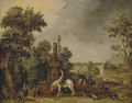 An extensive landscape with a hunting party halting by a classical fountain - Esaias Van De Velde