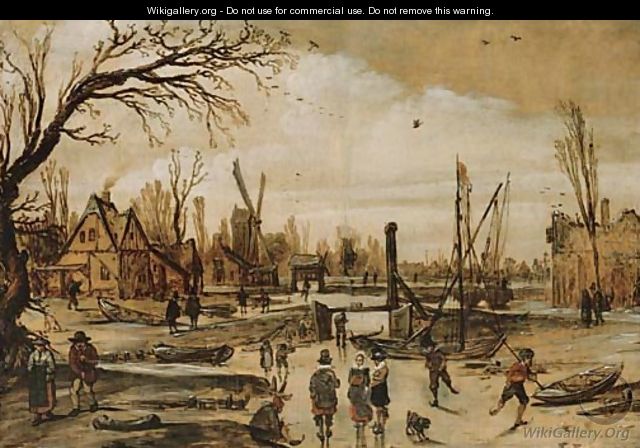 A winter landscape with figures skating on a frozen canal - Esaias Van De Velde