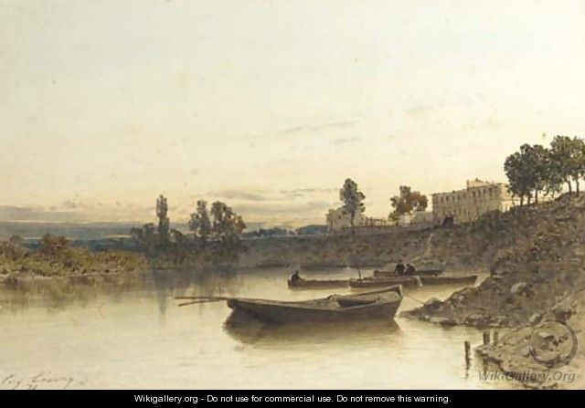 Boats on the river, a house on the riverbank beyond - Eugène Cicéri