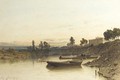 Boats on the river, a house on the riverbank beyond - Eugène Cicéri
