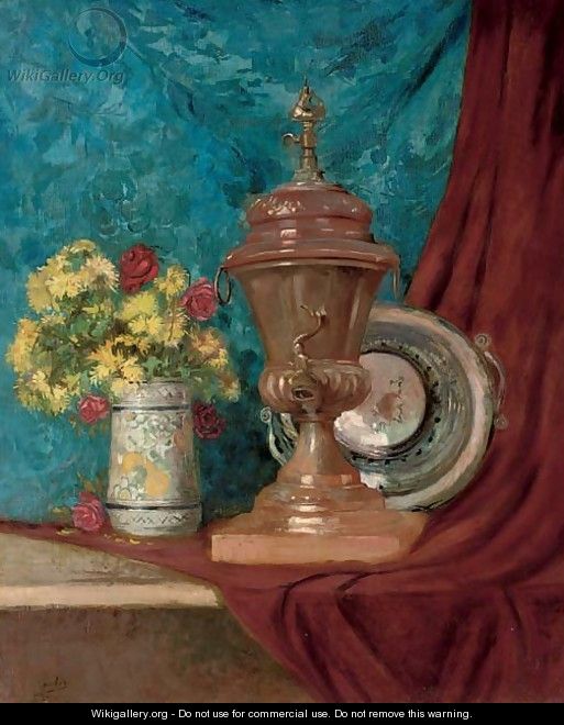 A vase of chrysanthemums and roses alongside an urn and a bowl, on a draped table - Eugene Henri Cauchois