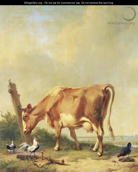 La vache rouge et blanche se frottant la tete contre un morceau de bois - Eugène Verboeckhoven