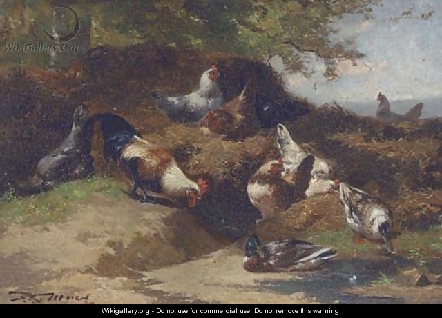 Cockerels and mallards on a sheltered bank - Eugene Remy Maes