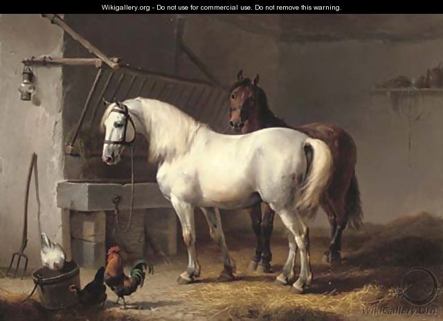 Horses and chickens in a barn interior - Eugène Verboeckhoven