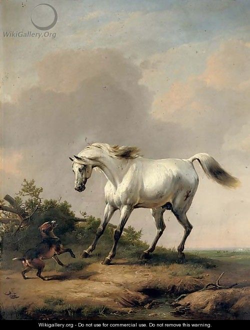A white horse startled by a dog - Eugène Verboeckhoven