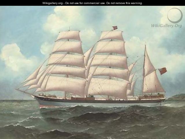 The three-masted barque Anglo-Norman under full sail in coastal waters - English School
