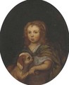 Portrait of a young girl, half-length, in a green wrap, a dog by her side - English School