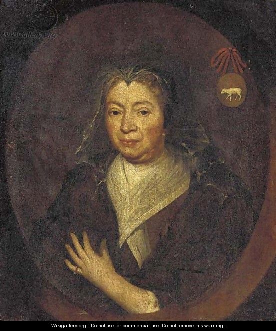 Portrait of a lady, bust-length, in a brown coat and white collar, feigned oval - English School