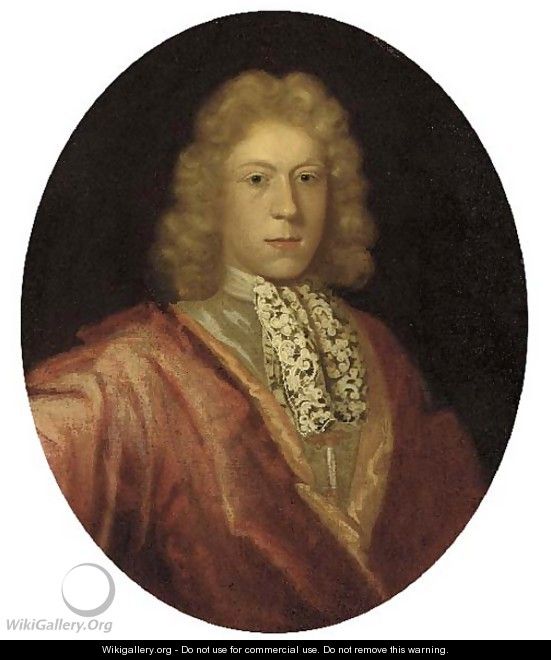 Portrait of a gentleman, bust-length, in a red cloak and lace cravat - English School