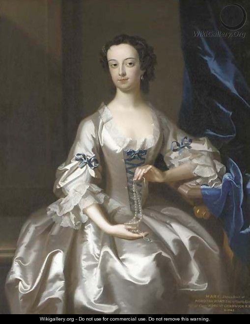 Portrait of Mary Rand, half-length, seated, in an oyster-satin dress with blue ribbons, holding a string of pearls - Enoch Seeman