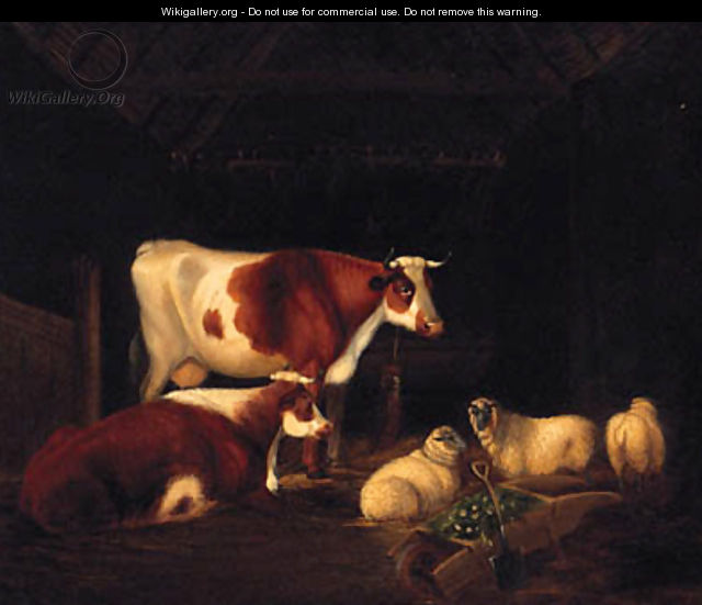 Cattle And Sheep Resting In A Barn - English School