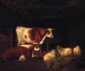 Cattle And Sheep Resting In A Barn - English School
