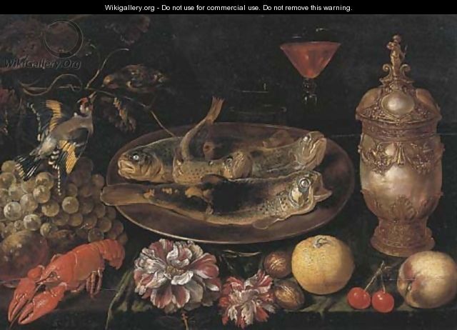 Trouts on a silver platter, a facon de Venise wine glass - Ernest De Lairesse