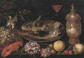 Trouts on a silver platter, a facon de Venise wine glass - Ernest De Lairesse