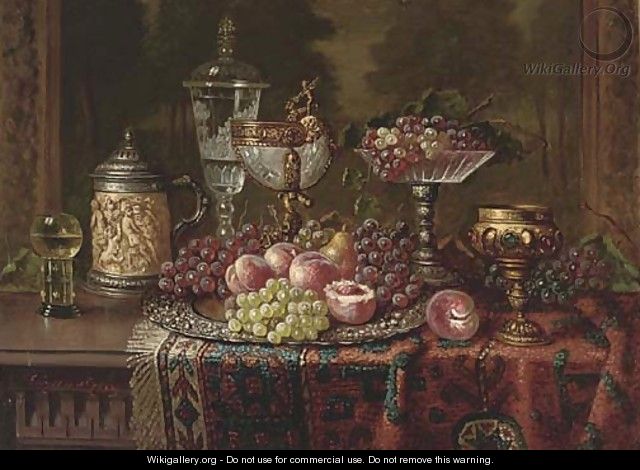 A salver of fruit and various vessels on a draped table - Ernst Czernotzky