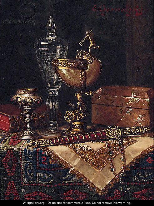 A Nautilus Cup, A Dagger, A Book And A Trinket Box On A Table - Ernst Czernotzky