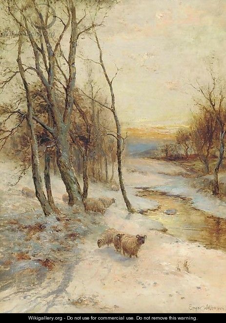 Sheep in a winter landscape, evening - Ernst Walbourn