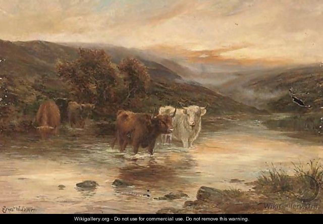 Highland cattle watering in a river landscape - Ernst Walbourn