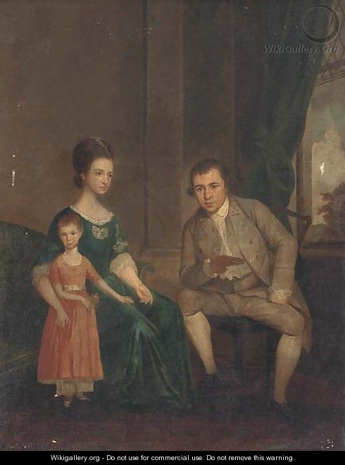 Group portrait of husband and wife, seated full-length, with their daughter, in an interior - English School