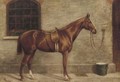 A chestnut horse beside a stable - English School