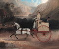 A Gentleman and a Man Riding in a Cart pulled by a white pony - English School