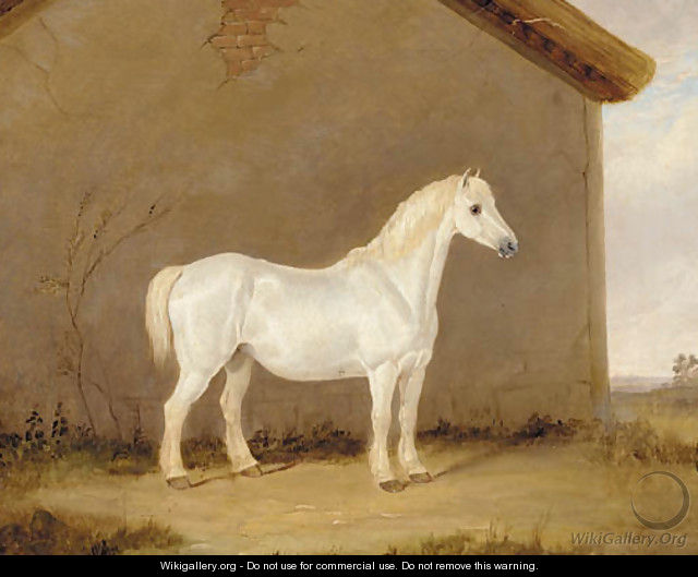 A grey horse beside a barn - English School