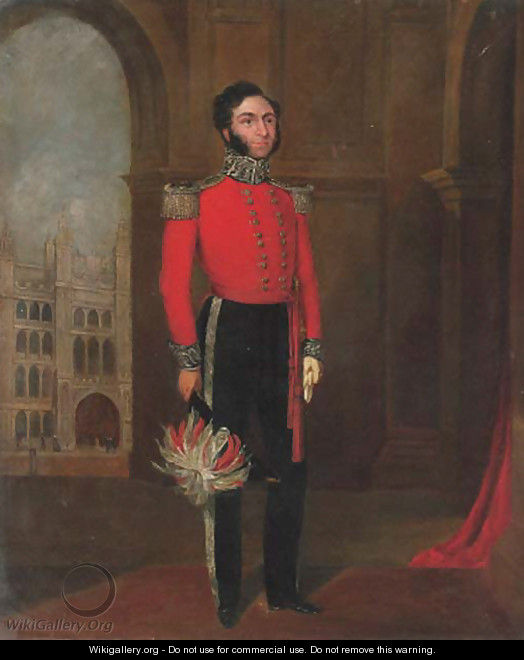 Portrait of a gentleman, full-length, in the uniform of a Lord Lieutenant, before the Guildhall - English School