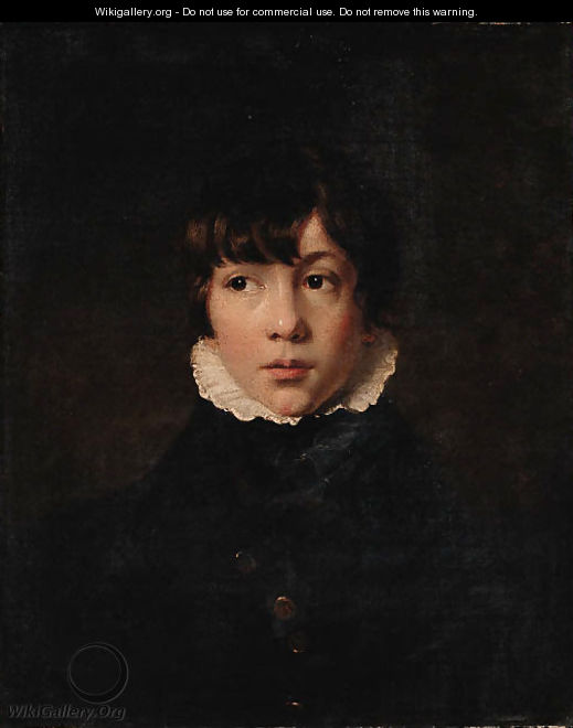 Portrait of a Boy, bust length, wearing a black jacket and a white collar - English School