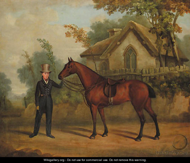 A gentleman holding a saddled bay hunter on a track, by a cottage - English School