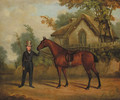 A gentleman holding a saddled bay hunter on a track, by a cottage - English School