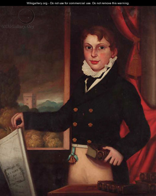 Portrait of a boy, three-quarter-length, in a black jacket and buff breeches - English School