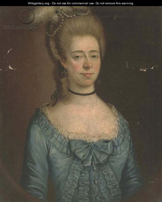 Portrait of a lady, half-length, in a blue dress, in a feigned oval - English School
