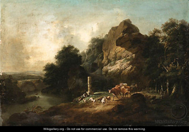 A Landscape with a Shepherd resting on a Riverbank - English School