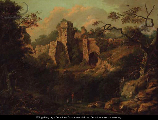 A ruined castle in a wooded landscape, figures in the foreground - English School