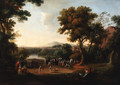 An Italianate landscape with a wrestling match and spectators in the foreground - English School