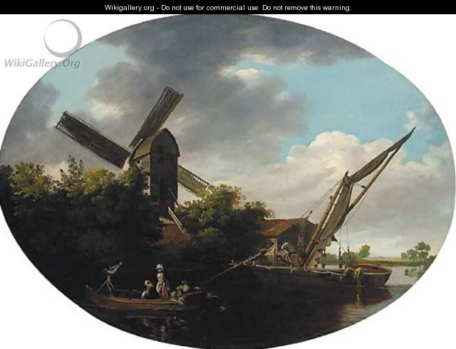 A river landscape, with a windmill and figures in a boat in the foreground - English School